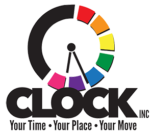 Text that reads Clock Inc Your Time Your Place Your Move below a graphic of a multicolored clock